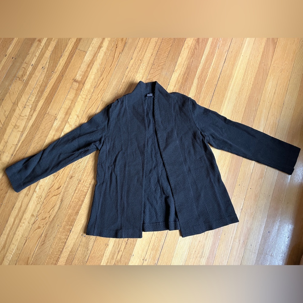 Minimalist Eileen Fisher black grey kimono blazer shirt jacket textured knit M